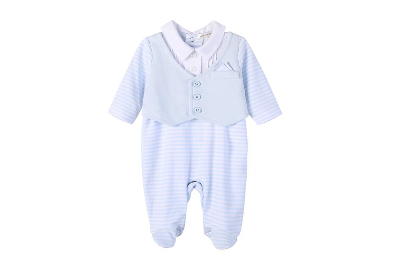 Newborn Baby Gentleman Fake Vest Set Long Sleeve Jumpsuit Party Half Month - ชุดทั้งตัว - ผ้าฝ้าย/ผ้าลินิน สีน้ำเงิน