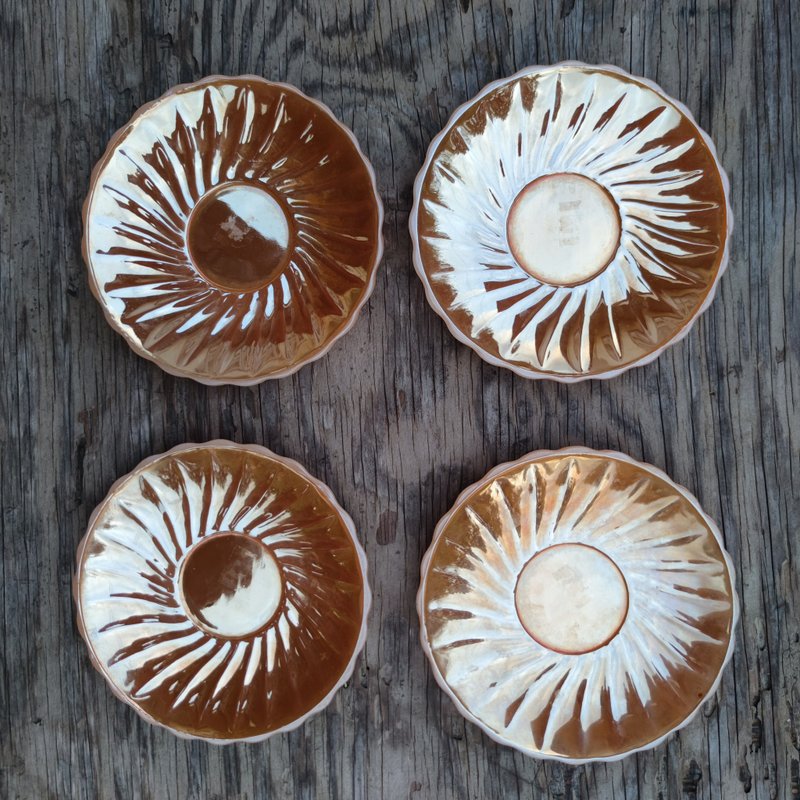 Vintage Peach Swirl Lustre Fire King Saucers by Anchor Hocking set 4 - Plates & Trays - Glass Brown