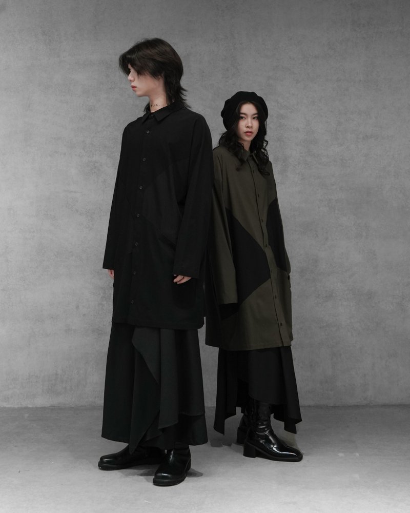 MUKK DESIGN 異材質條紋剪接長版襯衫-黑 - 男襯衫/休閒襯衫 - 聚酯纖維 黑色