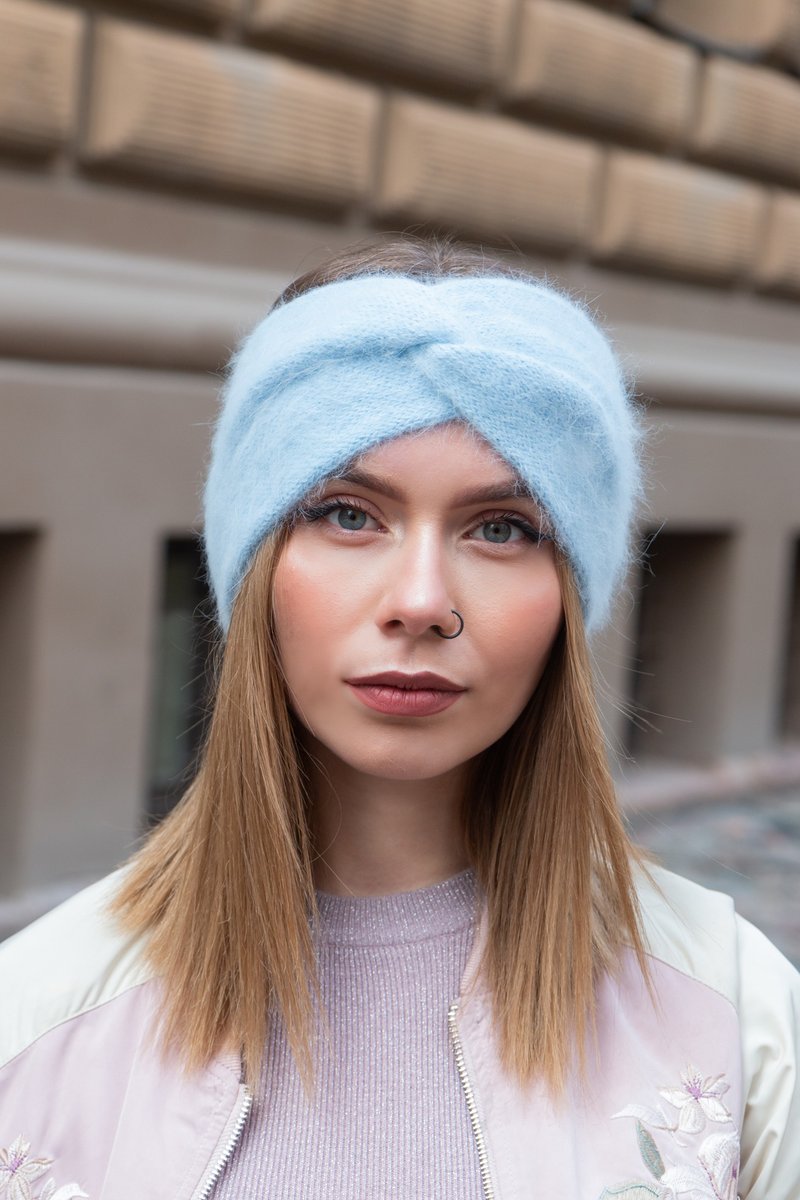 Angora headband Twist fluffy headband Blue knitted ear warmer - 髮箍/髮帶 - 羊毛 藍色