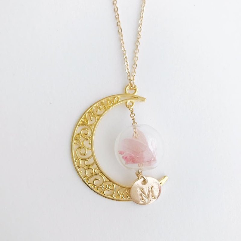 Preserved Flower Golden color Moon Planet Glass Ball Necklace  Birthday - Necklaces - Glass Gold