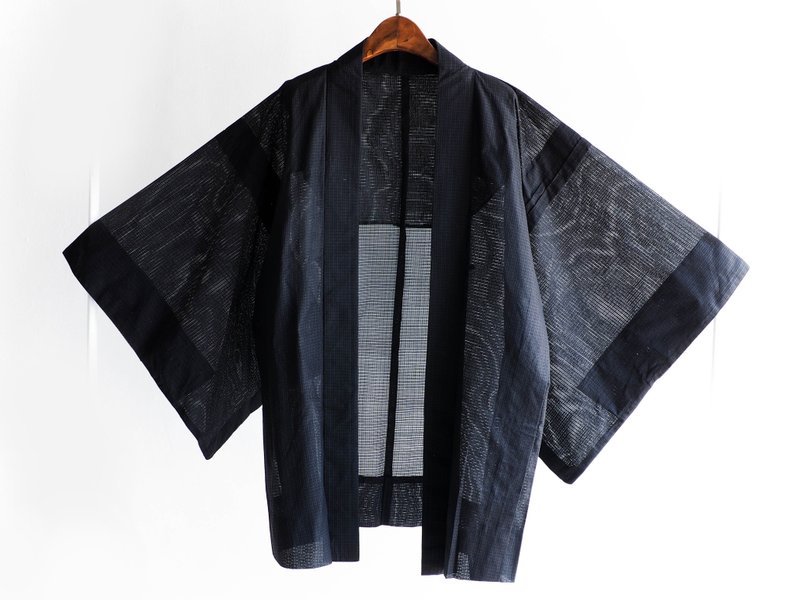 River Hill - Nagano square textured antique Japanese kimono coat Tousha interest very flat feather woven vintage kimono - Overalls & Jumpsuits - Cotton & Hemp Black