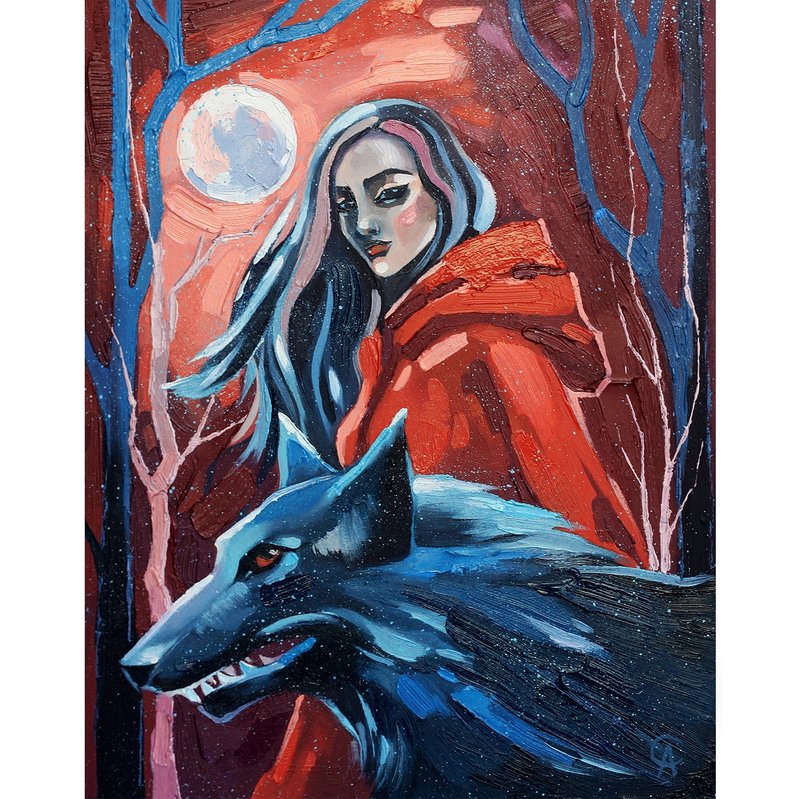 Wolf Painting Fantasy Original Art Fabulous Artwork Dark Wall Decor - โปสเตอร์ - วัสดุอื่นๆ สีแดง