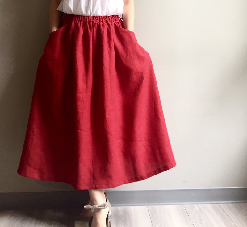 / Good mood / Red linen pocket long round skirt 100% Linen - กระโปรง - ผ้าฝ้าย/ผ้าลินิน สีแดง