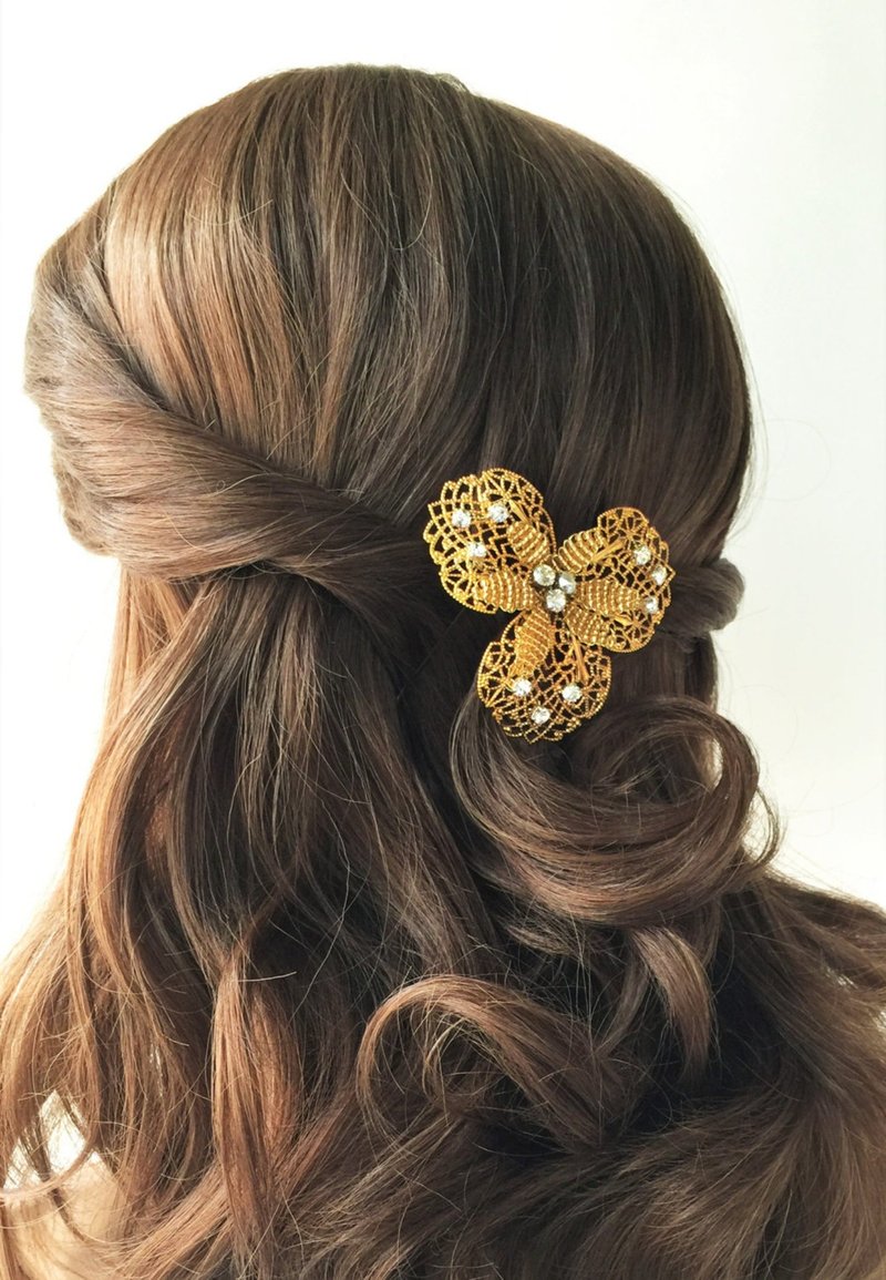 Bridal gold flower headpiece, Bridal comb pansy flower, Wedding hair flower comb - Hair Accessories - Other Metals Gold