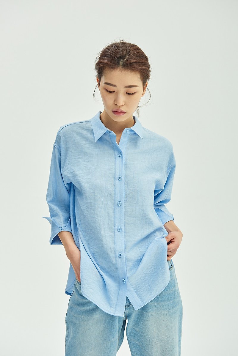 夏季涼感寬袖襯衫/ 水洗天藍 - 恤衫 - 棉．麻 