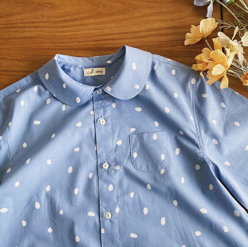 petal shirt dress - ชุดเดรส - ผ้าฝ้าย/ผ้าลินิน สีน้ำเงิน