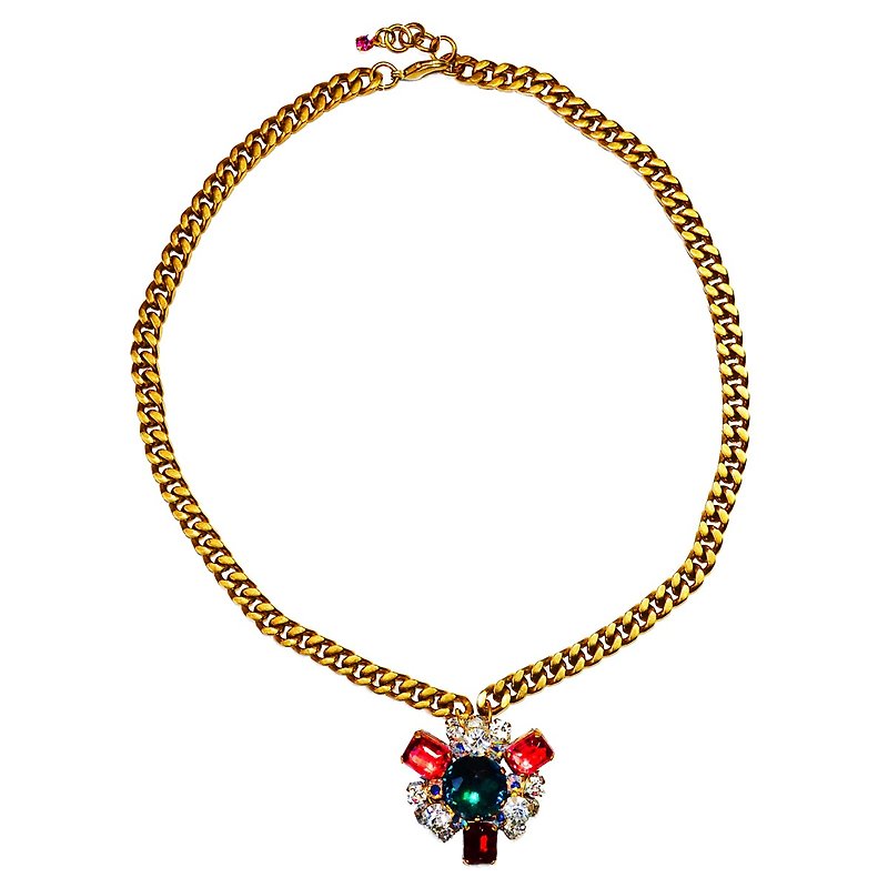 Vintage Bohemian Glass Pendant Necklace | Green & Red/Pink - สร้อยคอ - โลหะ หลากหลายสี