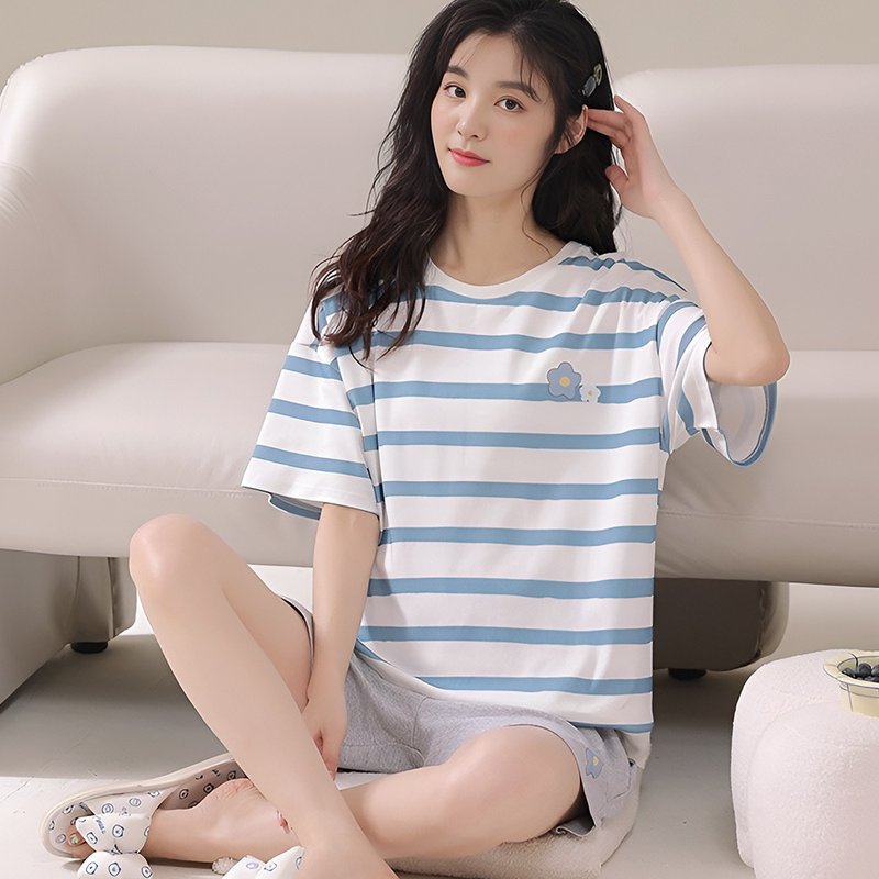 Pink Lady cotton soft short-sleeved complete pajamas striped blue flower print wide version dropped shoulders home clothes - ชุดนอน/ชุดอยู่บ้าน - ไฟเบอร์อื่นๆ สีน้ำเงิน