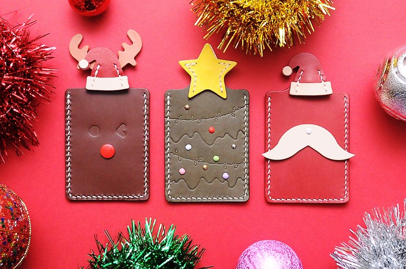 Christmas party card set leather material bag Christmas deer Christmas tree Santa Claus leather DIY - เครื่องหนัง - หนังแท้ สีแดง