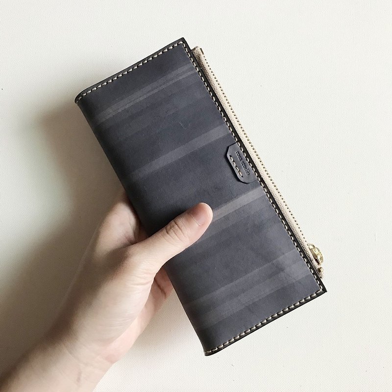 Leather long clip│8 card layer│2 banknote layer│coin pocket│grey blue│long wallet - กระเป๋าสตางค์ - หนังแท้ สีเทา