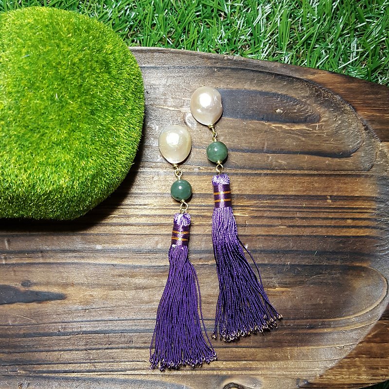 Vintage Doll:Purple Tassel Earrings & Fresh Water Pearls & Jade 925SV - Earrings & Clip-ons - Pearl Purple