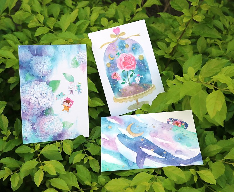 Frog, meow, hydrangea, rose, whale blue postcard set of three - การ์ด/โปสการ์ด - กระดาษ สีน้ำเงิน