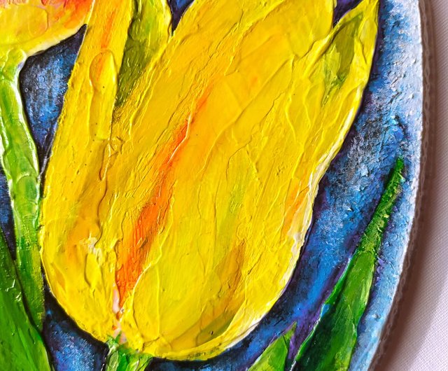 チューリップ絵画木オリジナルアート花絵画チューリップアクリル