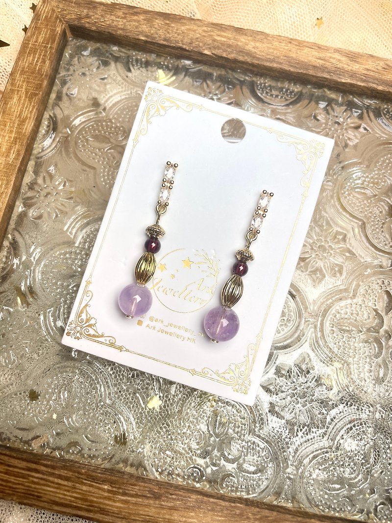 薰衣草紫水晶+石榴石耳環 - 耳環/耳夾 - 水晶 紫色