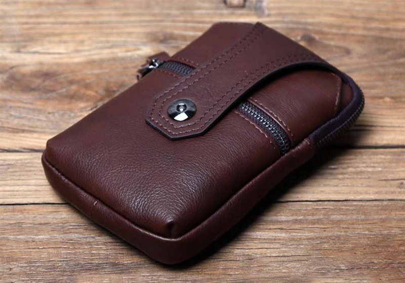 復古牛皮手機袋 腰包 男士日常錢包 - 銀包 - 真皮 咖啡色