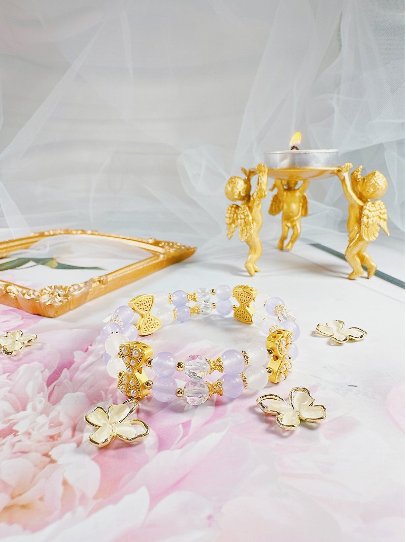 ラベンダーパープルブルームーンライト ダイヤモンド カットホワイトクリスタル 999 サンド ゴールド リボン デザイン クリスタル ブレスレット - ブレスレット - 宝石 パープル