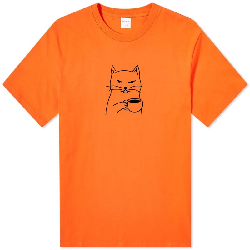 Cat Coffee orange t shirt - เสื้อยืดผู้ชาย - ผ้าฝ้าย/ผ้าลินิน สีส้ม