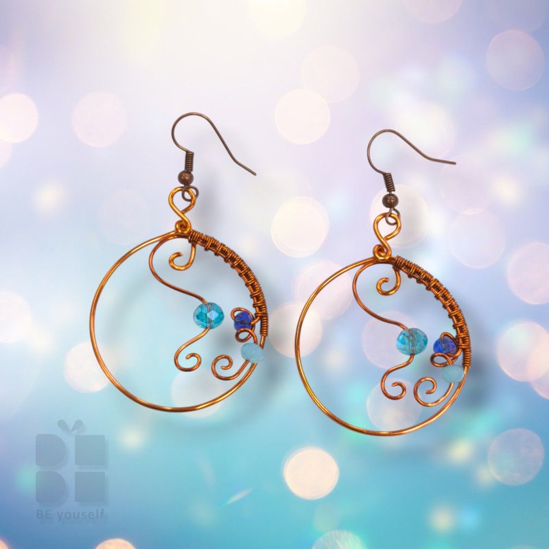 【BE yourself】Blue Ocean|Earrings|Artistic Metal Thread|Weaving|Handmade - Earrings & Clip-ons - Copper & Brass Multicolor