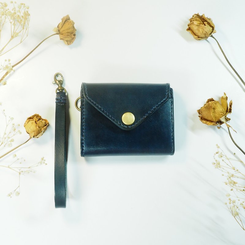 Chubby handmade leather coin purse envelope shape with wrist strap dark blue - Coin Purses - Genuine Leather Blue