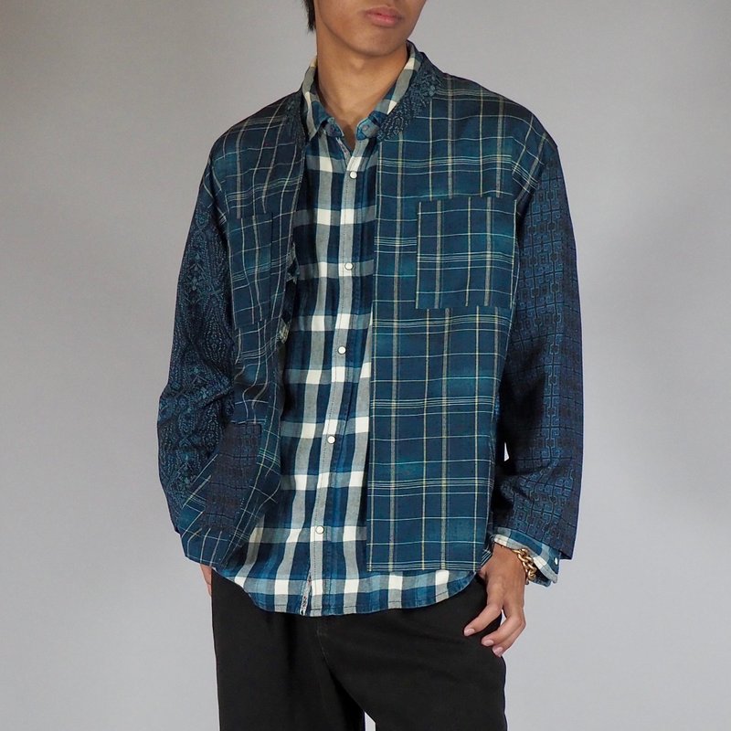 【日本製造】復古和服翻拍長袖襯衫男、靛藍、拼布 - 男襯衫/休閒襯衫 - 絲．絹 藍色