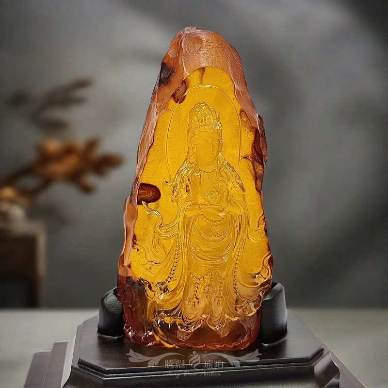 騰彪琥珀 頂級天然大蜜蠟原礦石窟站立觀音 傳家級擺件 贈典藏木 - 其他 - 半寶石 黃色