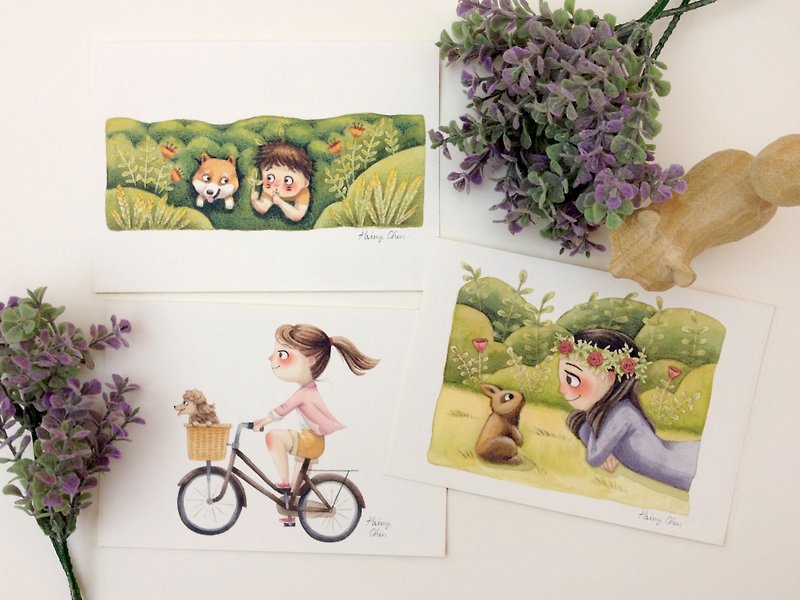 Set of 3 Illustrated Cute Animal Friends Watercolor Postcard, Mini Art Prints - Cards & Postcards - Paper Multicolor