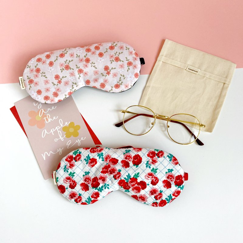 Organic cotton handmade eye mask with pink flowers, hand-painted red flower, pure cotton, adjustable length, comes with storage bag - ผ้าปิดตา - ผ้าฝ้าย/ผ้าลินิน สึชมพู