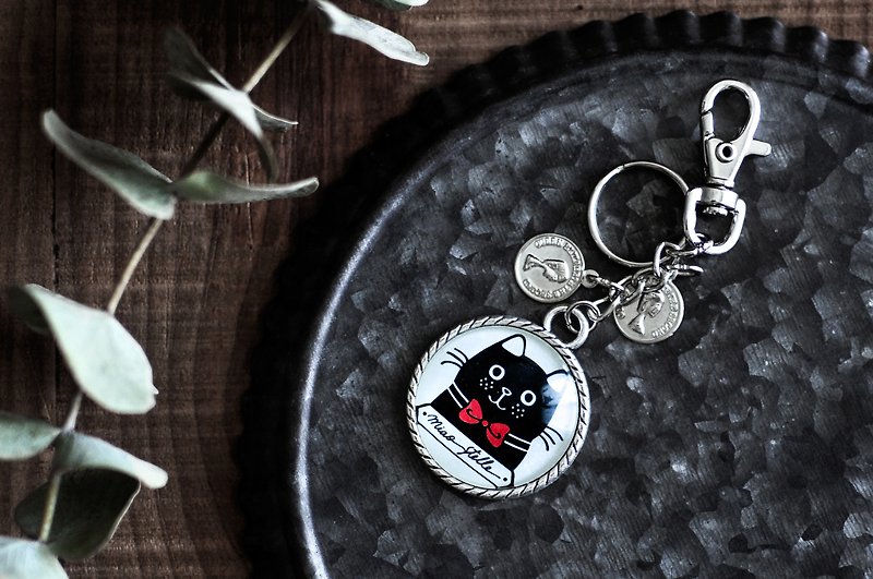 Home cat key ring - black cat / glass ball charm / 3cm large key ring - Keychains - Other Metals Silver