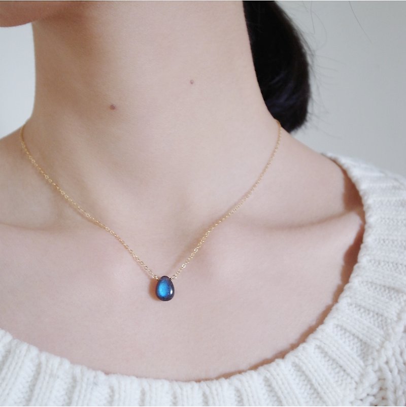 14KGF black feldspar × black spinel velvet blue natural stone necklace / clavicle chain - Collar Necklaces - Gemstone Blue