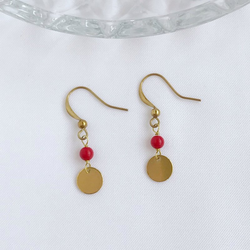 Classical disc. Natural cinnabar Bronze earrings, ear hooks, hand-made dangling earrings, soothing the mind - ต่างหู - ทองแดงทองเหลือง สีแดง