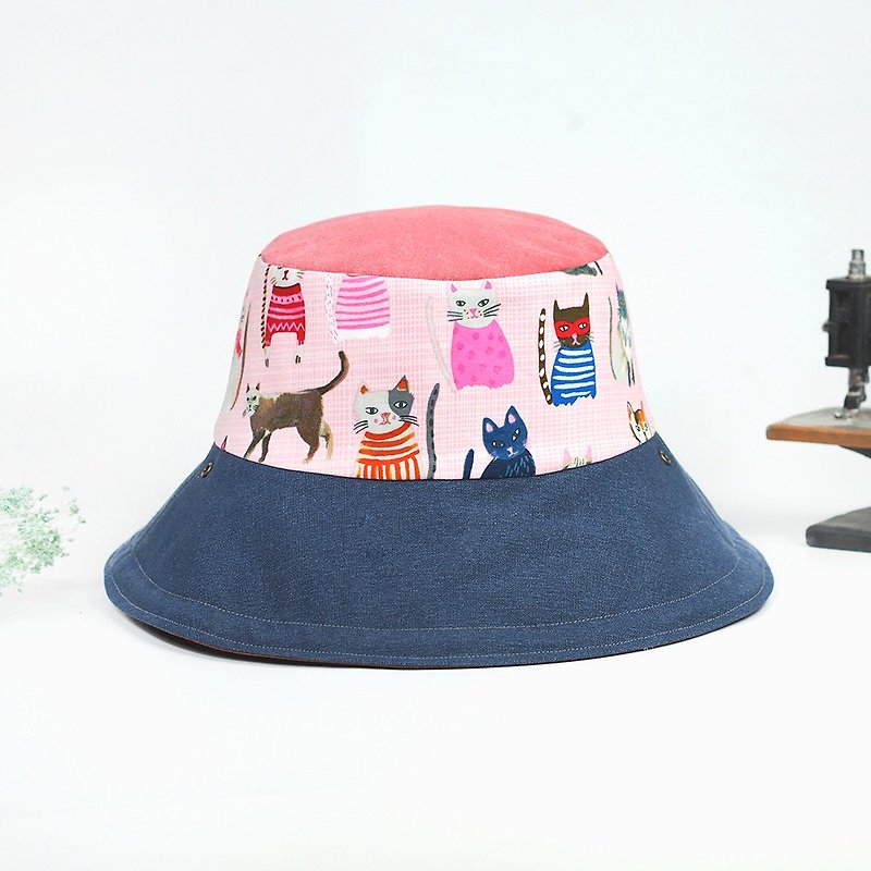 Handmade double-sided bucket hat - หมวก - ผ้าฝ้าย/ผ้าลินิน สึชมพู