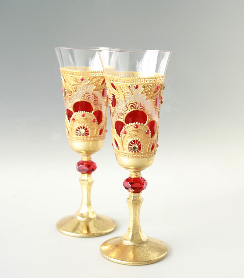 Royal Red Gold Wedding Crystal Glasses Wine Champagne, Hand Painted set of 2 - Bar Glasses & Drinkware - Glass Red