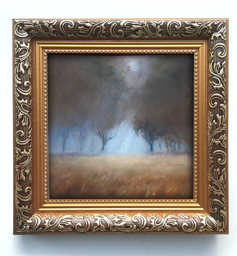 Original painting antique Framed Dark forest Landscape Mist Moody small Wall Art - 壁貼/牆壁裝飾 - 其他材質 銀色