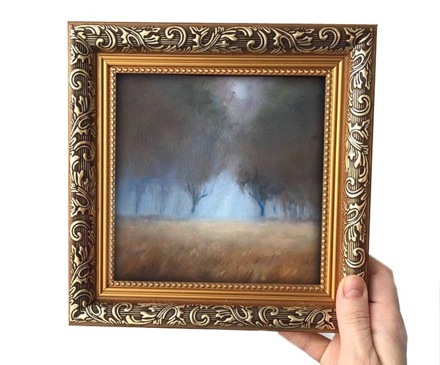 オリジナル絵画アンティークフレーム暗い森の風景霧ムーディ小さな壁