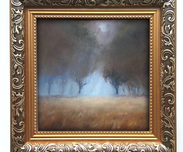 オリジナル絵画アンティークフレーム暗い森の風景霧ムーディ小さな壁