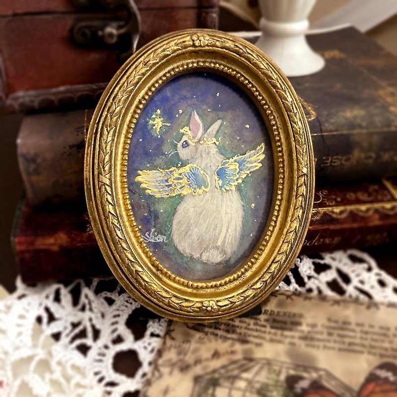 Rabbit Angel - Gazing at the stars... / Rabbit, Stars, Stars, Painting, Antique Style, Antique, Interior Decoration - Posters - Paper Blue