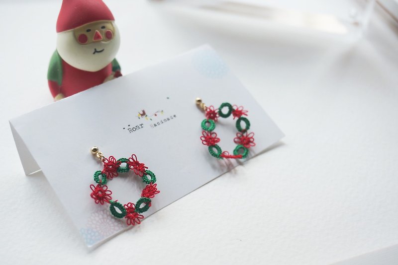 Handmade Tatting Earrings, Lace Earrings, Cotton,Christmas Wreath 。 - Earrings & Clip-ons - Cotton & Hemp Red