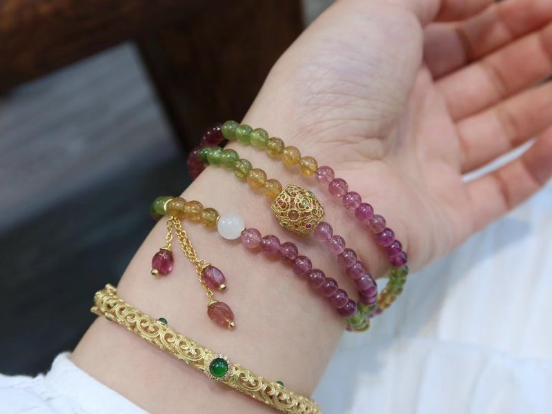 原創天然彩虹碧璽三圈手鏈旺姻緣招財進寶 - 手鍊/手環 - 寶石 