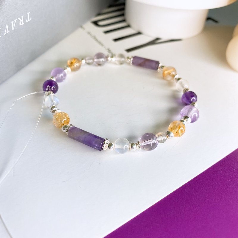 Dream Blonde Crystal Amethyst Moonstone S925 Sterling Silver Lucky Crystal Elastic Bracelet - Bracelets - Crystal Purple