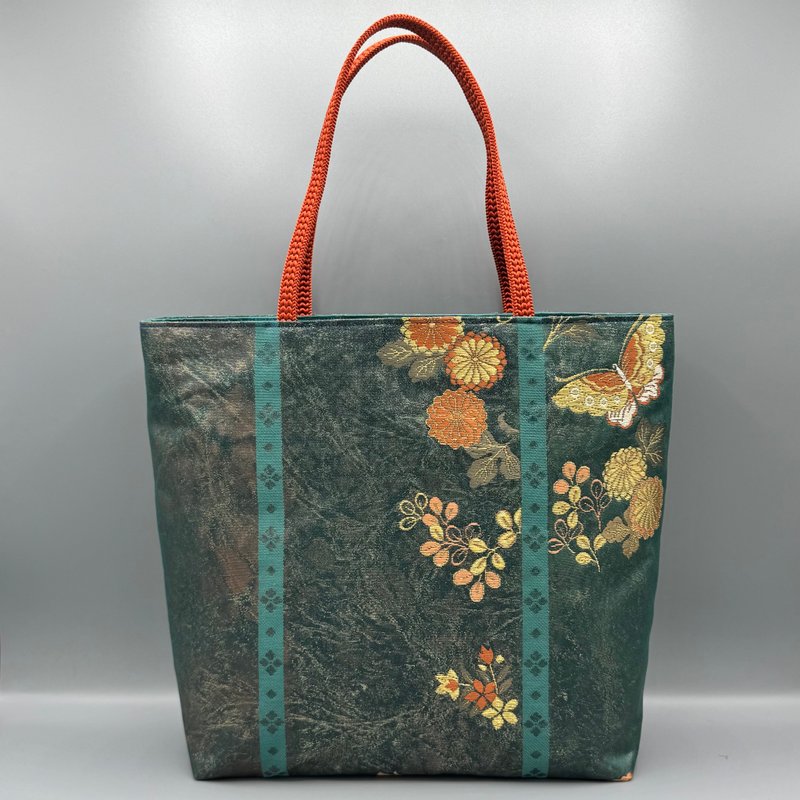 着物 帯 帯締め ハンドメイド トートバッグ リメイク 青 金 - 手提包/手提袋 - 絲．絹 藍色
