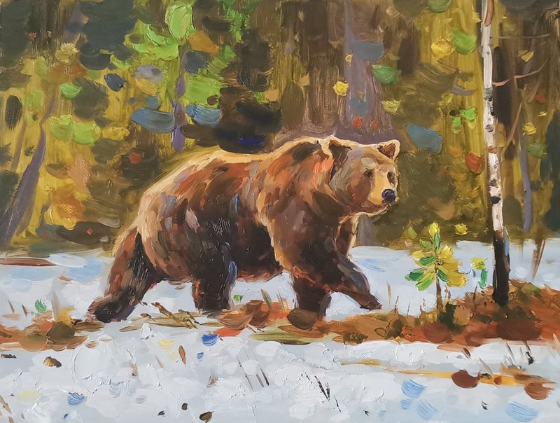Bear Painting Original Art Canvas Animal Oil Painting - 海報/掛畫/掛布 - 其他材質 咖啡色