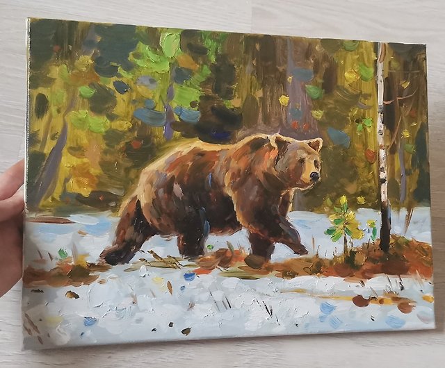 クマの絵 オリジナル アート キャンバス 動物 油絵 - ショップ