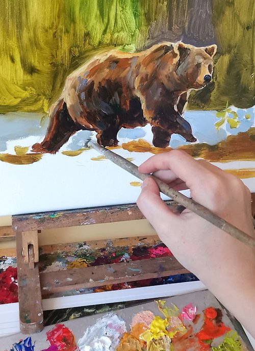 クマの絵 オリジナル アート キャンバス 動物 油絵 - ショップ 