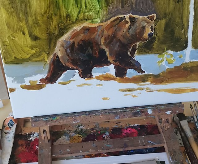 クマの絵 オリジナル アート キャンバス 動物 油絵 - ショップ