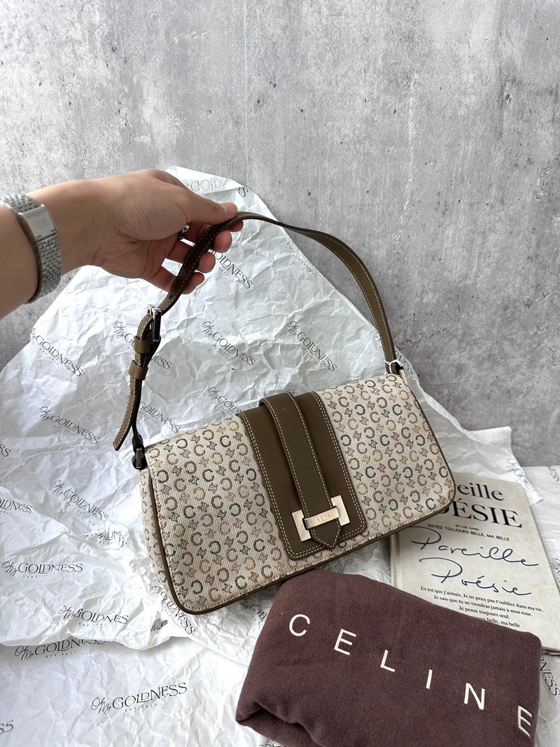 中古包 CELINE 思琳 罕見橄欖綠印花 Hobo 腋下包 - 手提包/手提袋 - 真皮 卡其色