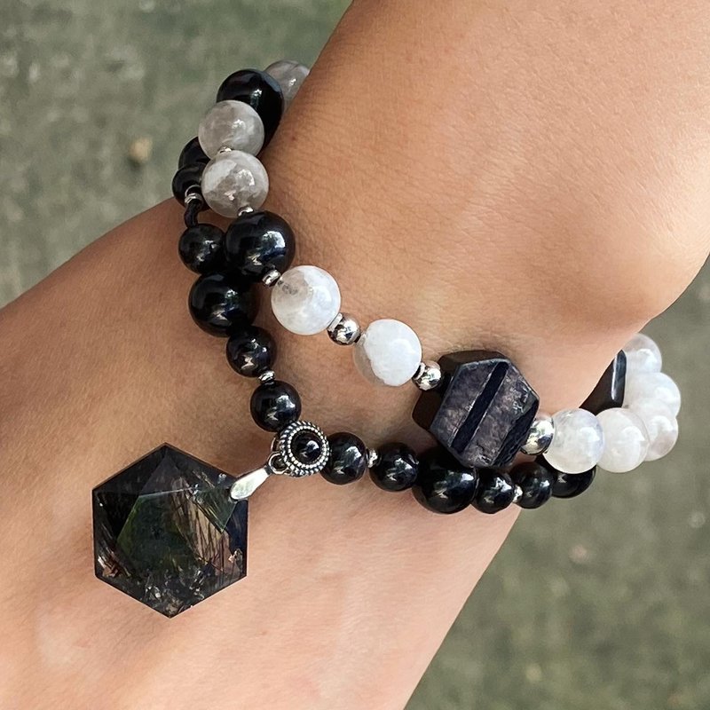 [Lost and find] Black hair crystal black Silver thread stone Stone Stone star bracelet set ST01 - สร้อยข้อมือ - เครื่องเพชรพลอย สีดำ