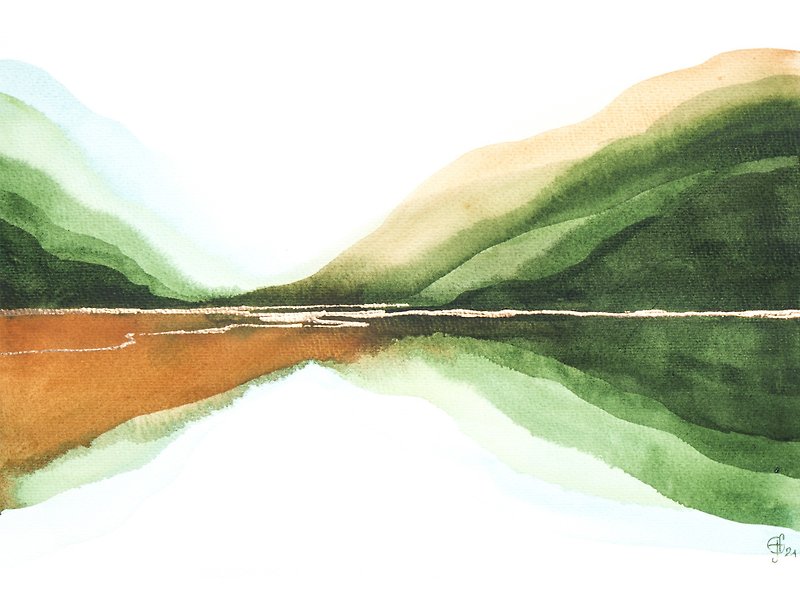Green Mountains Art Original Painting Landscape Abstract Watercolor Minimalist - โปสเตอร์ - กระดาษ สีเขียว