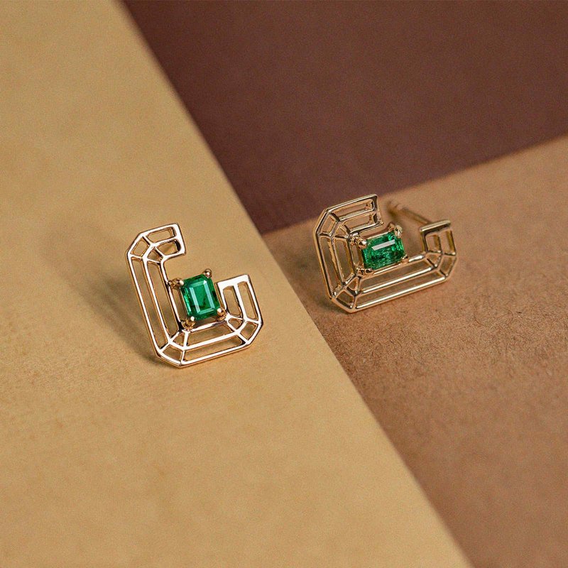 18k Yellow Gold Art Deco Emerald Stud Earring, Custom Diamond Jewelry, E073 - ต่างหู - เครื่องเพชรพลอย สีเขียว