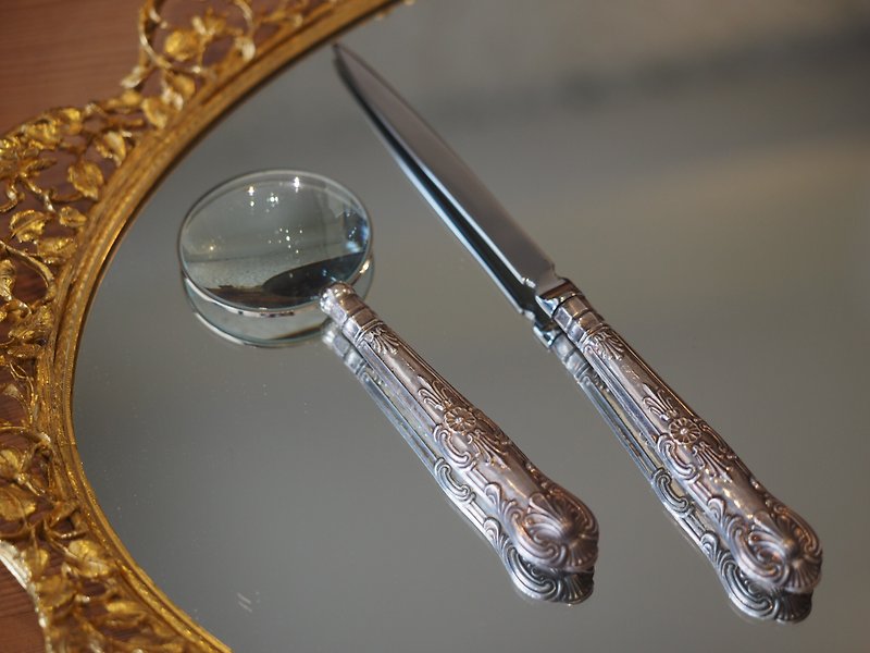 英國1931年雪菲爾（Sheffield）製 925銀質放大鏡+拆信刀組（一組兩件） - 剪刀/拆信刀 - 其他金屬 銀色
